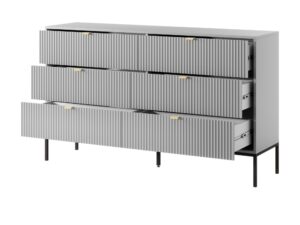 Miniaturka 20 - Komoda Sivas 154 cm, 6 szuflad, szara, stelaż czarny – otwarte szuflady