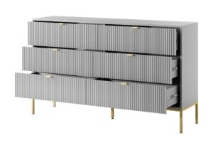 Miniaturka 23 - Komoda Sivas 154 cm, 6 szuflad, szara, stelaż złoty – otwarte szuflady