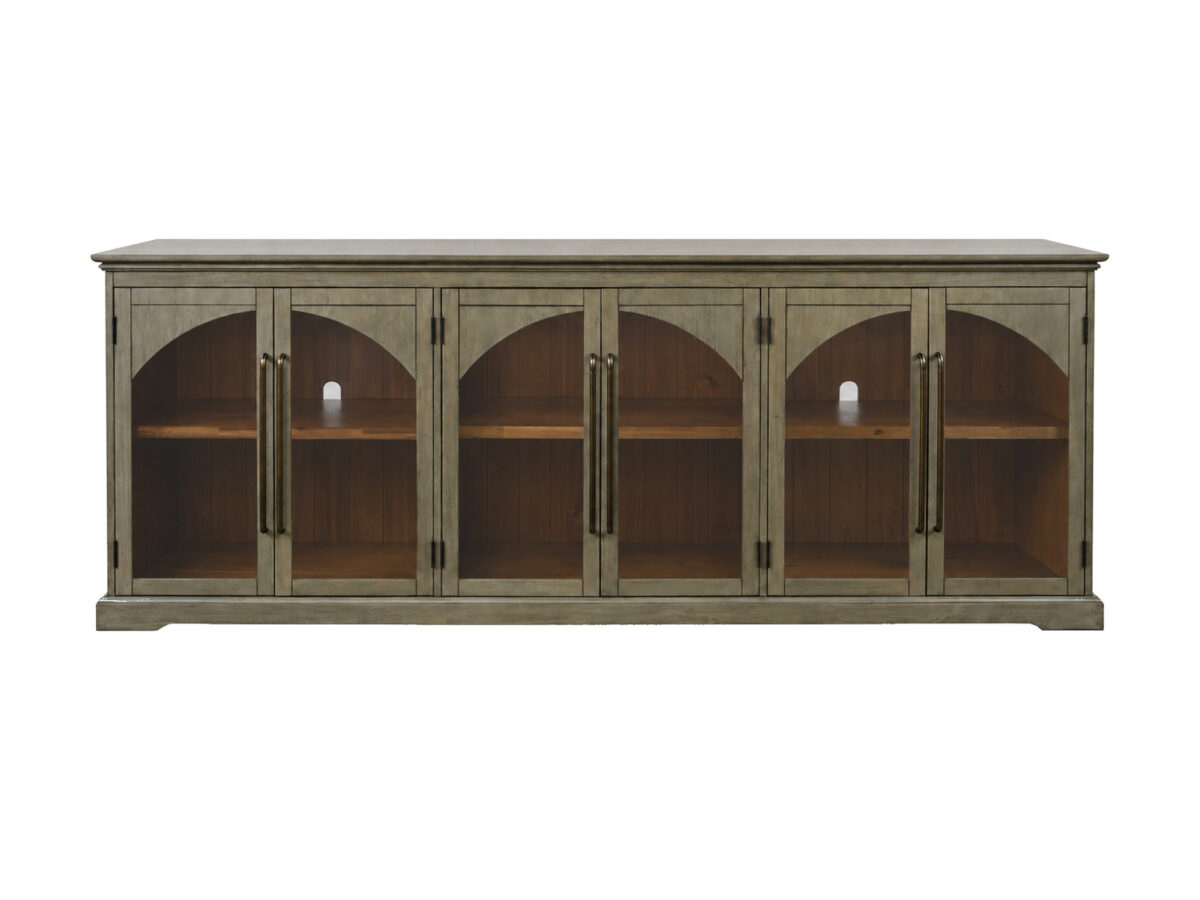 Komoda szaro-oliwkowa 244 cm z przeszklonymi drzwiami – Avola