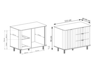 Miniaturka 4 - Rysunek techniczny komody Tesino 111 cm z wymiarami i podziałem wnętrza