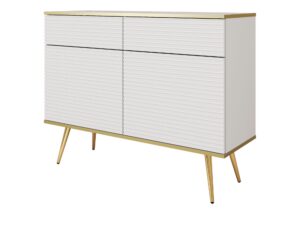 Miniaturka 1 - Komoda Teyser 107 cm biała z ryflowanym MDF i złotymi nogami – packshot