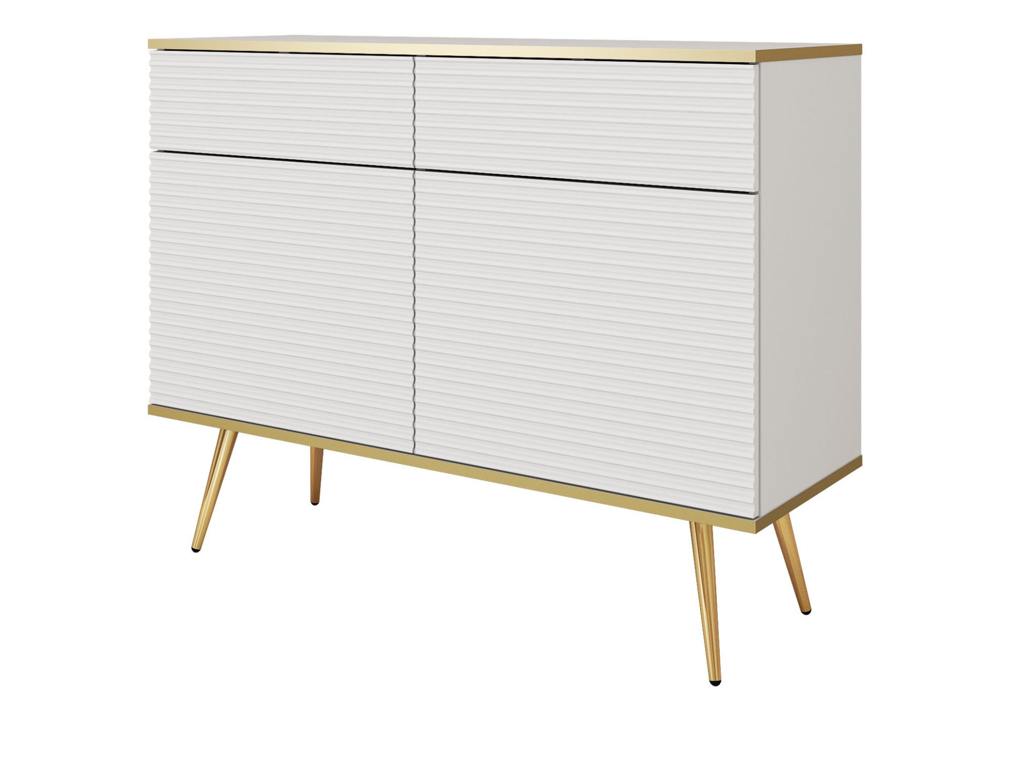 Komoda Teyser 107 cm biała z ryflowanym MDF i złotymi nogami – packshot