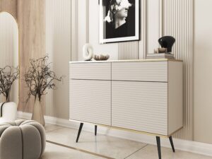 Miniaturka 6 - Komoda Teyser MDF beżowa z czarnymi nogami – aranżacja salonu