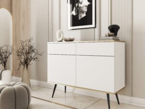 Miniaturka 7 - Komoda Teyser MDF biała z czarnymi nogami – aranżacja salonu