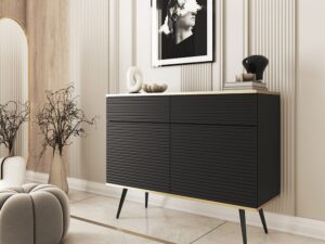 Miniaturka 8 - Komoda Teyser ryflowana MDF czarna z czarnymi nogami – aranżacja salonu