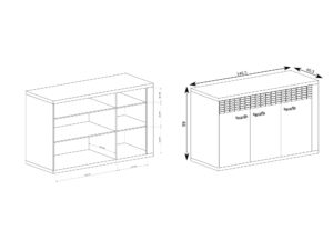 Miniaturka 4 - Schemat wnętrza trzydrzwiowej komody Pestano Ribbeck z półkami
