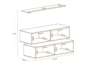 Miniaturka 1 - Komoda wisząca Kelmoro 130 cm z 2 szafkami z klapą i półką – rysunek z wymiarami