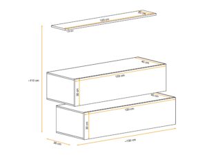 Miniaturka 2 - Komoda wisząca Kelmoro 130 cm z 2 szafkami z klapą i półką – rysunek z wymiarami, widok 2