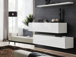 Miniaturka 8 - Komoda wisząca Kelmoro 130 cm z 2 szafkami z klapą i półką – Biała wisząca szafka z dwoma poziomami