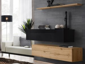Miniaturka 3 - Komoda wisząca Kelmoro 130 cm z 2 szafkami z klapą i półką w aranżacji salonu
