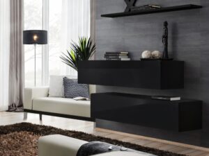 Miniaturka 7 - Komoda wisząca Kelmoro 130 cm z 2 szafkami z klapą i półką – Czarna wisząca szafka z dekoracją