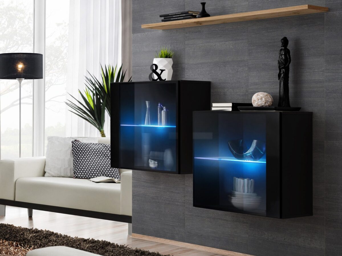 Komoda wisząca Kelmoro 130 cm z 2 witrynami LED i półką