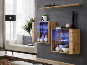 Miniaturka 1 - Komoda wisząca Kelmoro 130 cm z 2 witrynami LED i półką – Dwa wiszące szafki drewniane z LED