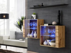 Miniaturka 2 - Komoda wisząca Kelmoro 130 cm z 2 witrynami LED i półką