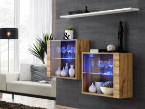 Miniaturka 3 - Komoda wisząca Kelmoro 130 cm z 2 witrynami LED i półką