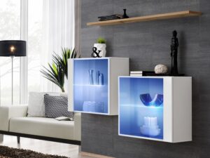 Miniaturka 4 - Komoda wisząca Kelmoro 130 cm z 2 witrynami LED i półką