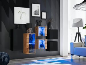 Miniaturka 1 - Komoda wisząca z witrynami LED Kelmoro 150 cm czarna dąb Wotan