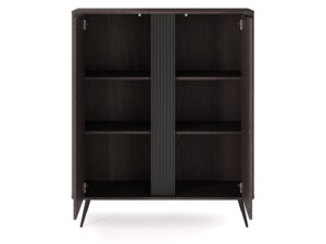 Miniaturka 1 - Komoda Gardano 113 cm – otwarte dwa skrzydła, trzy poziomy półek i czarna listwa