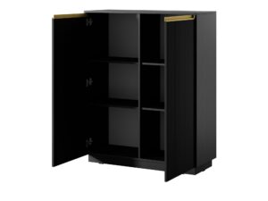 Miniaturka 1 - Komoda wysoka Regalio 104 cm czarna – otwarte drzwi i półki w środku