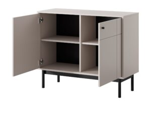 Miniaturka 1 - Komoda Kiyomi kaszmir – dwa otwarte skrzydła drzwi i półki