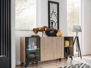 Miniaturka 2 - Komoda z przeszklonymi bokami i LED Lioren 160 cm Hickory Jackson – szafka z drzwiami szklanymi i oświetleniem LED