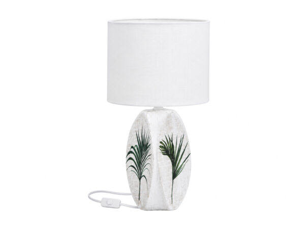 Lampa stołowa Koresira z białym abażurem i ceramiczną podstawą w zielone liście na białym tle