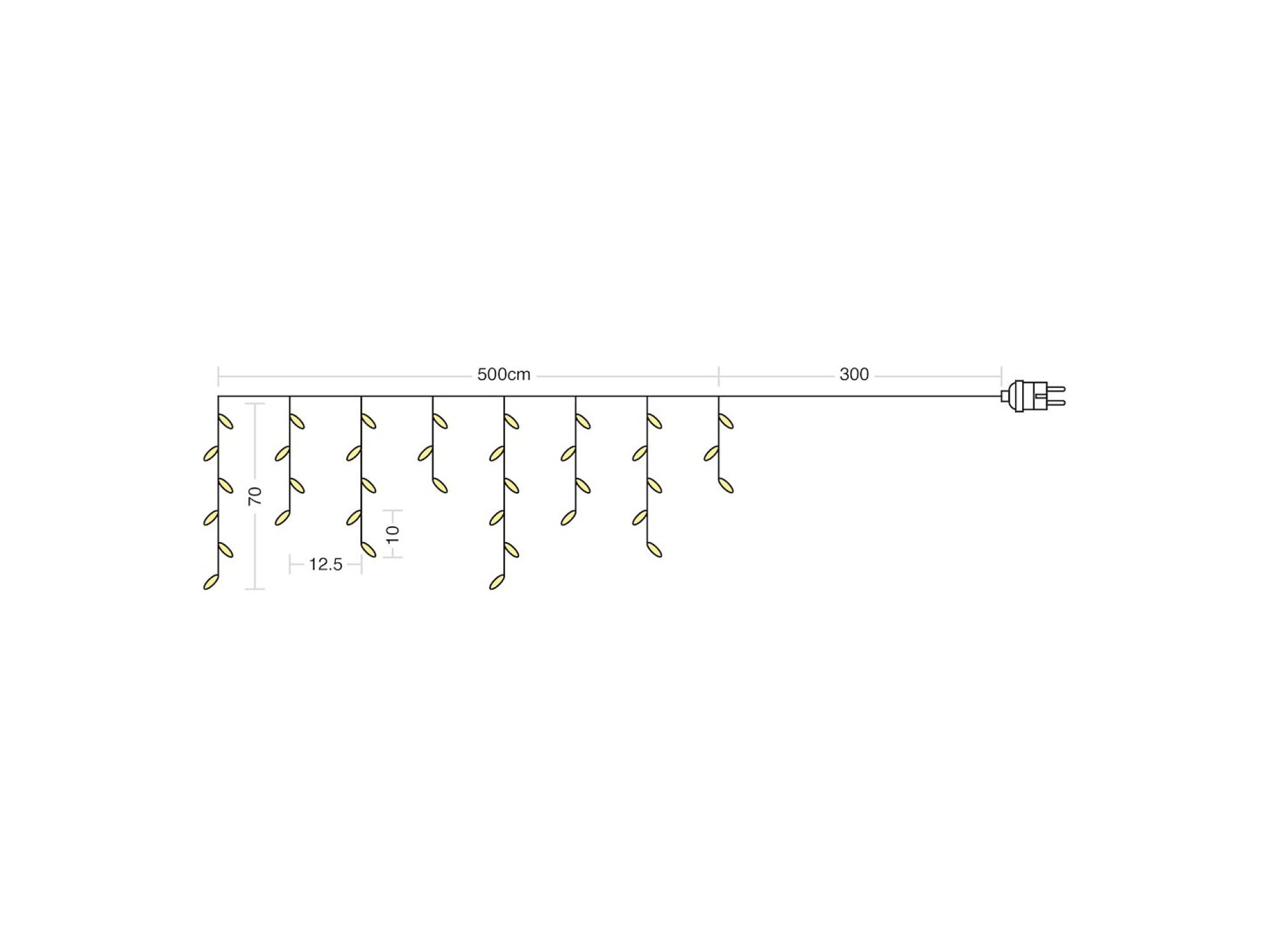 Kurtyna świąteczna 200 LED – schemat długości 5 m, wysokości 70 cm i kabla 3 m