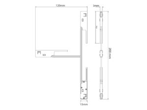 Miniaturka 3 - Schemat wymiarów łącznika T z ramionami 200 i 120 mm do szyny magnetycznej