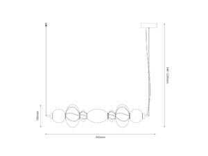 Miniaturka 6 - Rysunek wymiarowy poziomej lampy Aledela 24 W o szerokości 90 cm i zwisie 34–125 cm