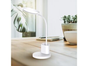 Miniaturka 4 - Biała lampa biurkowa Daloreta na drewnianym biurku z roślinami