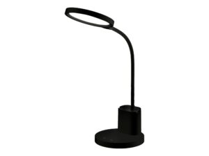 Miniaturka 6 - Lampa biurkowa Daloreta czarna LED z okrągłą głowicą i przybornikiem na białym tle