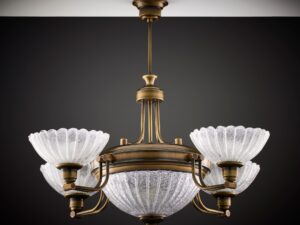 Miniaturka 2 - Lampa wisząca Carmen z zapalonymi źródłami światła, pięć szklanych kloszy na ciemnym tle