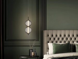 Miniaturka 2 - Lampa wisząca Celenia LED nad stolikiem nocnym – zielona sypialnia