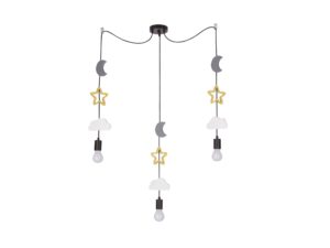 Miniaturka 3 - Lampa wisząca dziecięca z trzema zwisami, szarymi księżycami, złotymi gwiazdami i białymi chmurkami