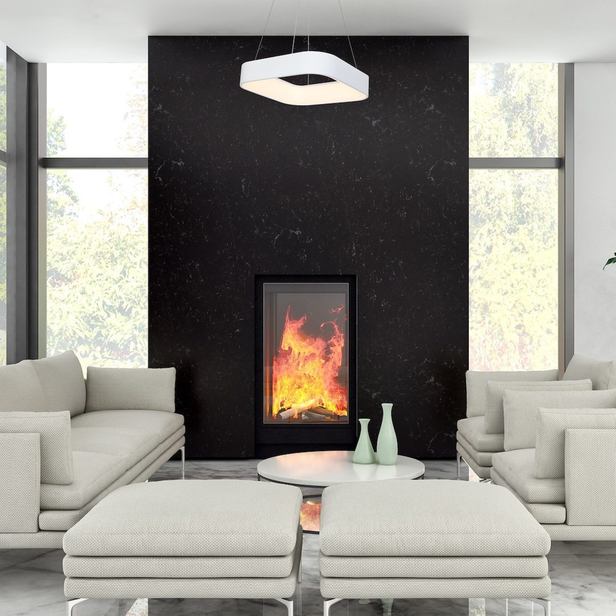 Lampa Elemina biała w nowoczesnym salonie z kominkiem