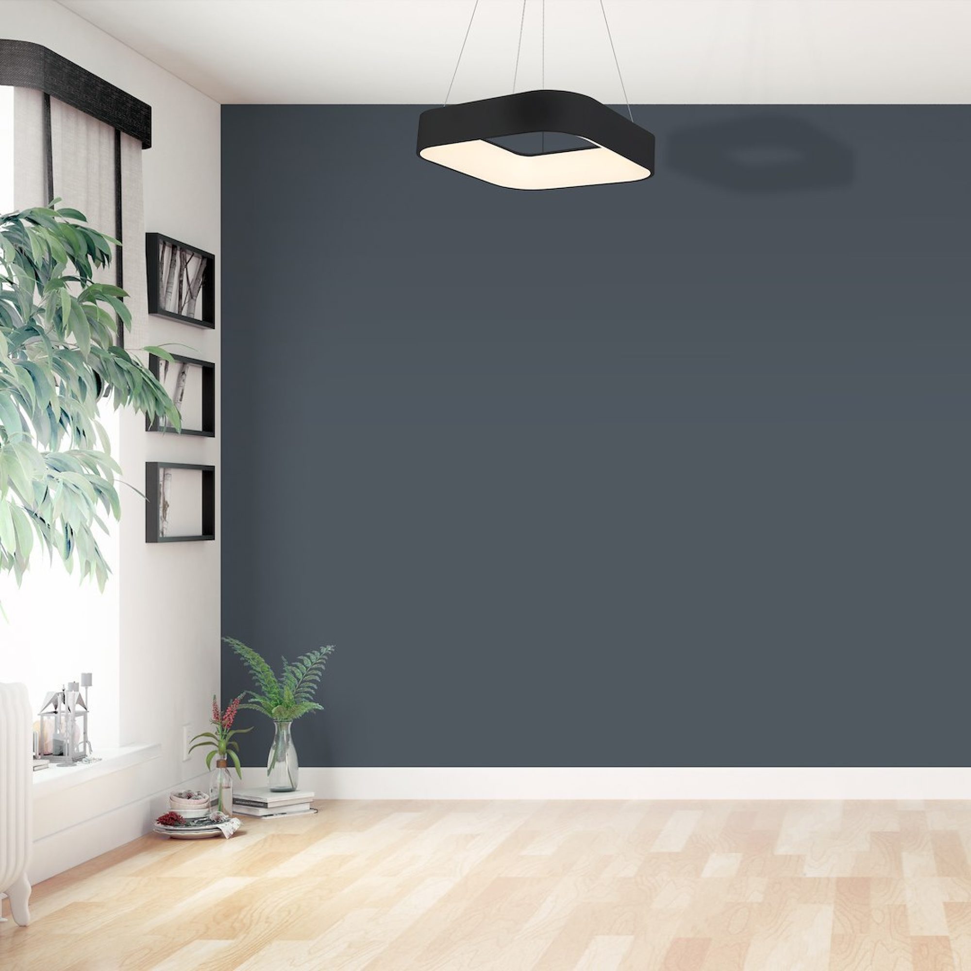 Lampa Elemina czarna w salonie na tle ciemnej ściany