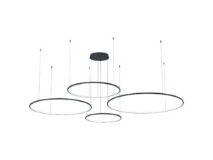 Miniaturka 5 - Czarna lampa wisząca Emadena LED 120 W z czterema okrągłymi pierścieniami, pełny widok na białym tle