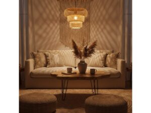 Miniaturka 4 - Bambusowa lampa wisząca Emasira nad stolikiem kawowym w salonie boho