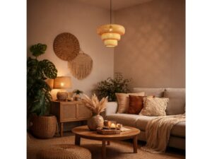 Miniaturka 5 - Lampa wisząca Emasira w salonie z jasnymi meblami i rattanowymi dekoracjami