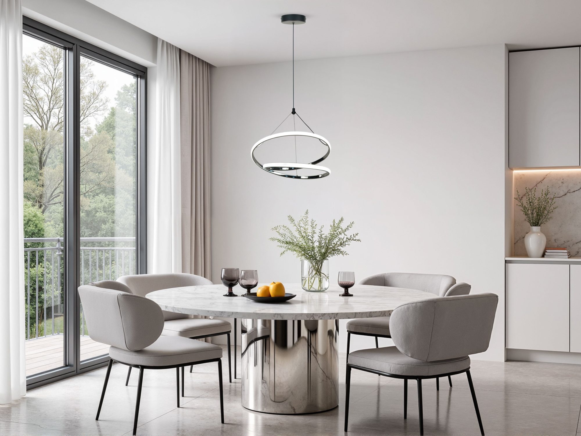 Lampa LED Evirino z dwoma pierścieniami nad stołem jadalnianym