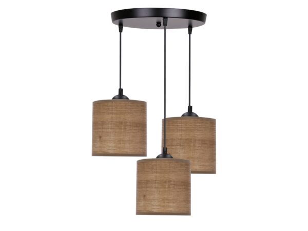Lampa wisząca Ilvetia trzy orzechowe rattanowe abażury okrągła podsufitka