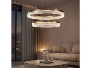 Miniaturka 2 - Złota dwupierścieniowa lampa Isedia LED w salonie