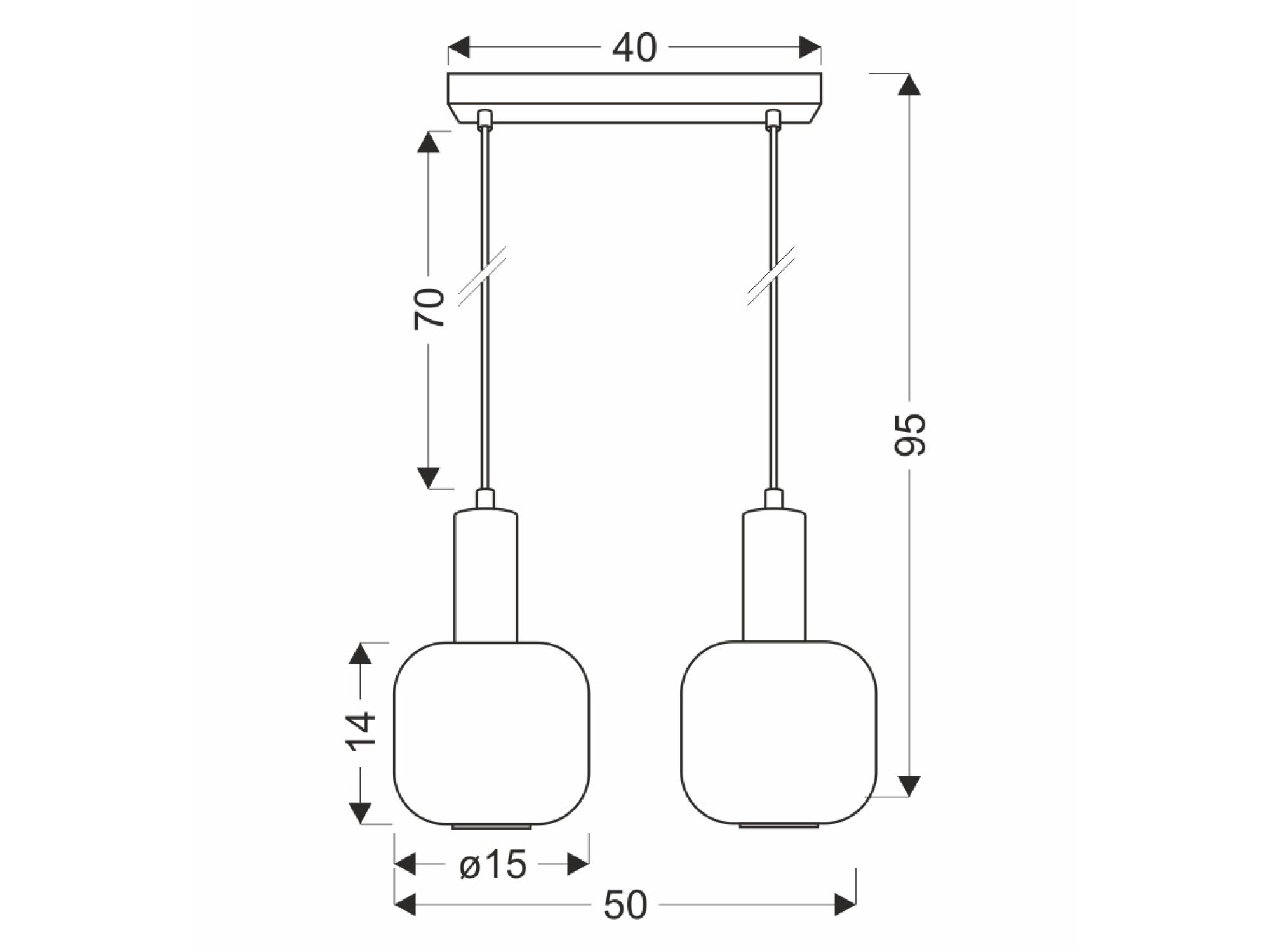 Lampa wisząca Isirela rysunek wymiarowy 95 na 50 cm