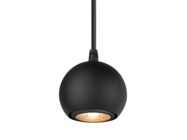 Czarna matowa lampa wisząca Light Eye 90 z pełną rozetą na białym tle