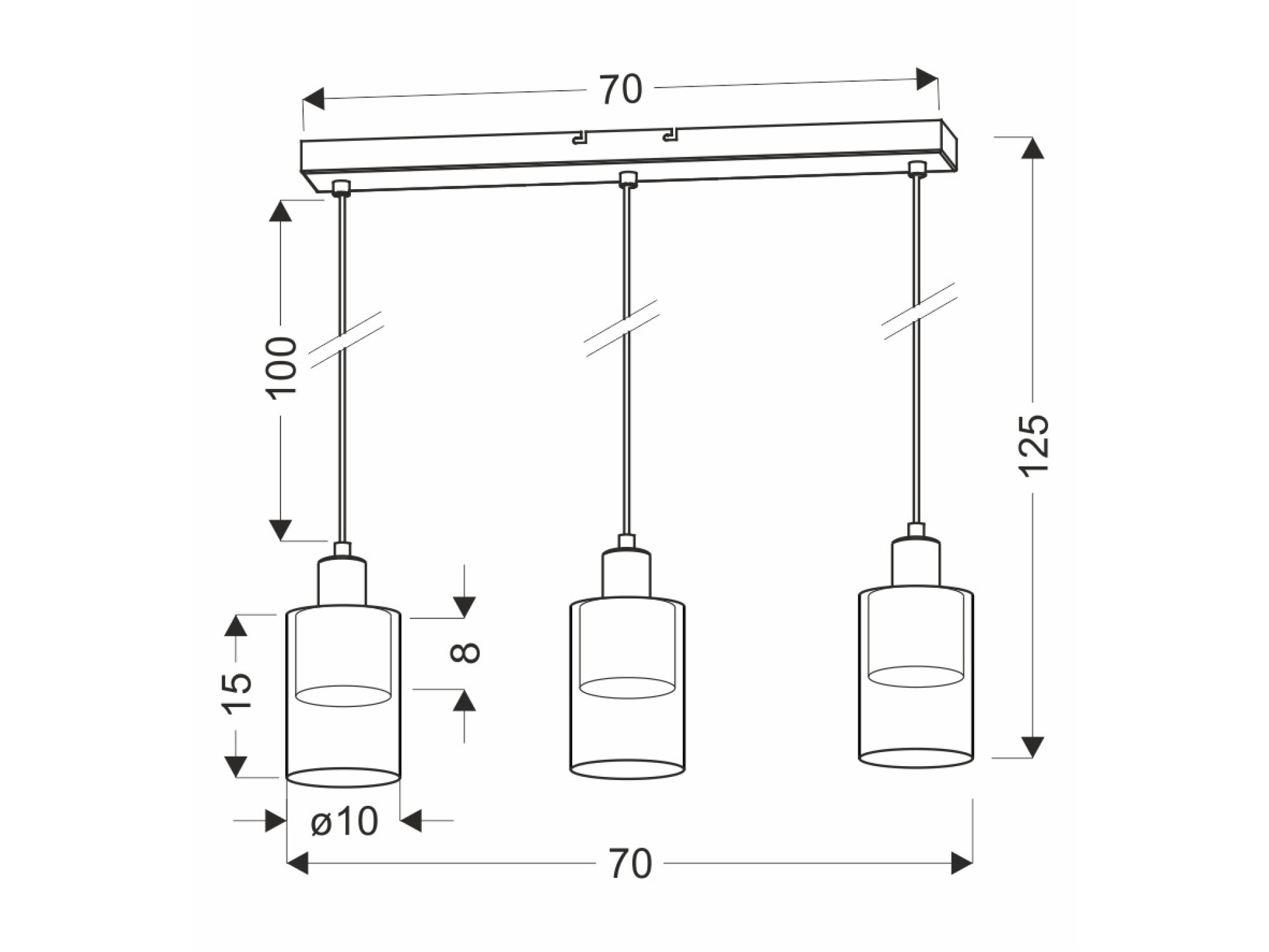 Rysunek wymiarowy lampy Nalidano 70 cm trzy klosze