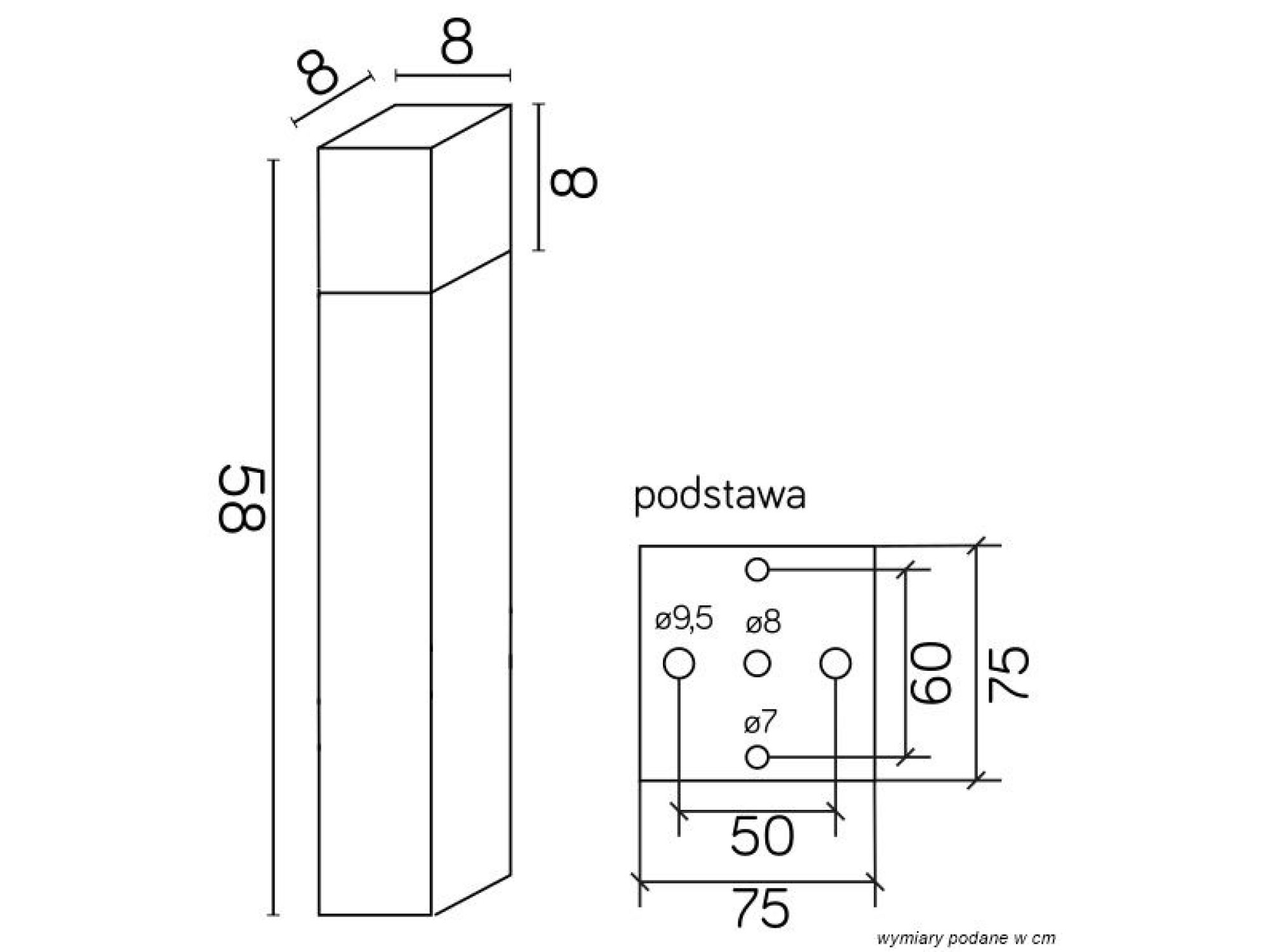 Lampa ogrodowa stojąca CUBE CB-580 rysunek wymiarów 58 cm