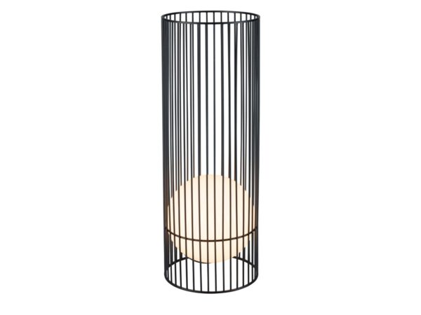 Lampa ogrodowa Grid Sun z czarną konstrukcją i mleczną kulą na białym tle