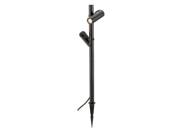Czarna lampa ogrodowa Helia Slim Pole z dwiema głowicami LED na białym tle