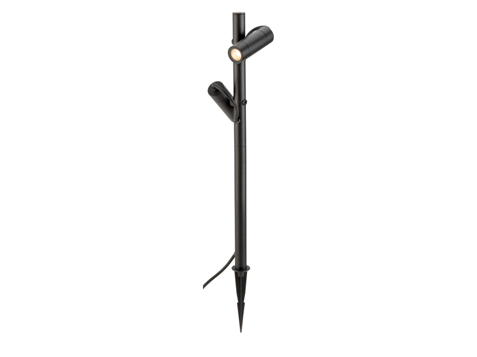Czarna lampa ogrodowa Helia Slim Pole z dwiema głowicami LED na białym tle