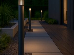 Miniaturka 1 - Szara lampa ogrodowa Ribo IP54 E27 w aranżacji przestrzeni zewnętrznej